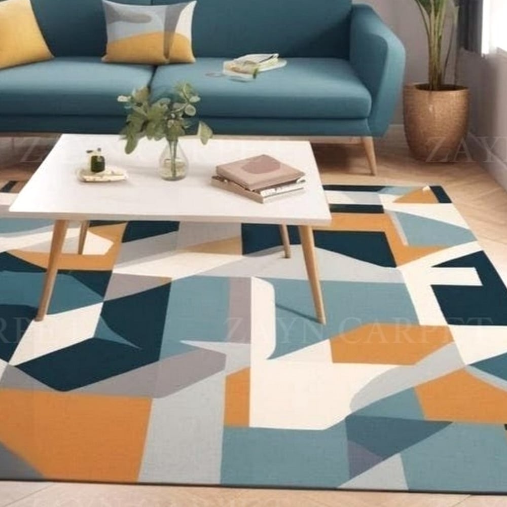 Handcrafted Geometric Blue Mustard Living Room Rug